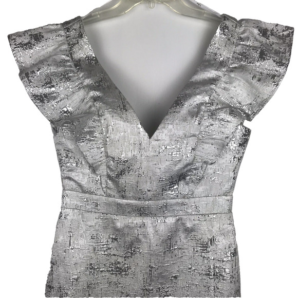 NWT Lulu's Silver Mini Dress Metallic Sleeveless Ruffles Bodycon V-Neck Small - Picture 4 of 11